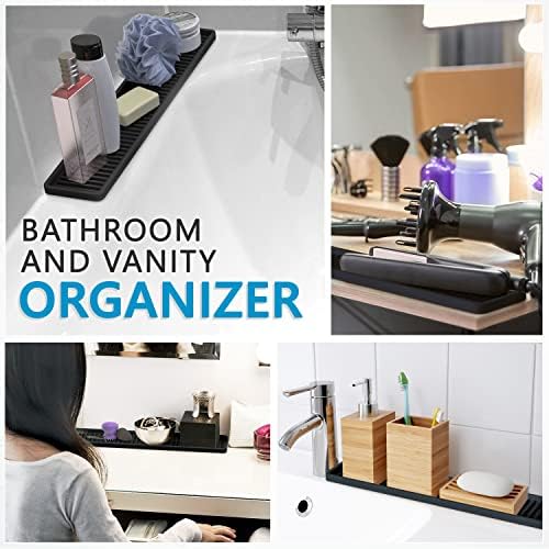 ZAPPOWARE Kitchen Sink Narrow Silicone Holder Tray 17.7"x3.1", Vanity & Bathroom Organizer, Black, Heat-Resistant Mat (P