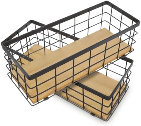 2 Pack Small Wire Baskets, Narrow Rustic Storage Bin for Bathroom Counter, Farmhouse RectangleOrganizer Tray for Kitchen