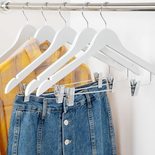 TOPIA HANGER Wooden Suit Hangers with Adjustable Metal Clips (10 Pack), Solid Smooth Wood Clothes Hangers, 360° Swivel Hook, Premium Pants Hangers for Clothes Coat, Jeans, Blouse-White,CT28W