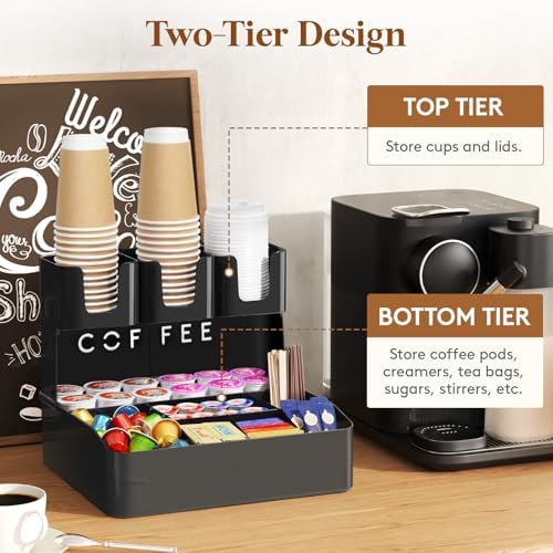 Lifewit 2-tier Coffee Station Organizer, 10 Compartments, Black, Plastic