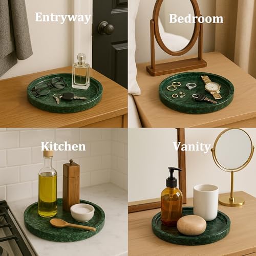 Round Marble Vanity Tray - Diameter 7.87" Natural Green Stone Tray for Bathroom Perfume Jewelry Makeup - Decorative Marb