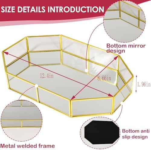 Octagon Vintage Gold Mirror Glass Vanity Tray,Ornate Geometric and Brass Plated Display Storage Organizer for Makeup Bru