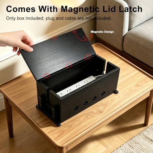 Large Wood Cable Management Box, Black Cord Organizer 14"