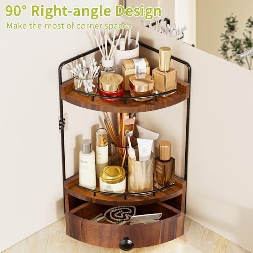 2-Tier Corner Bathroom Counter Organizer with Drawer, Acacia Wood