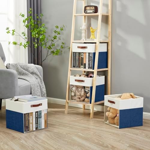 Bagnizer Storage Cubes, 4 Pack Linen Foldable Storage Bins (13 x 13 inch) with Clear Window and Handles, Fabric Organizer for Shelf Closet, Clothes, Books - (Navy Blue and White)