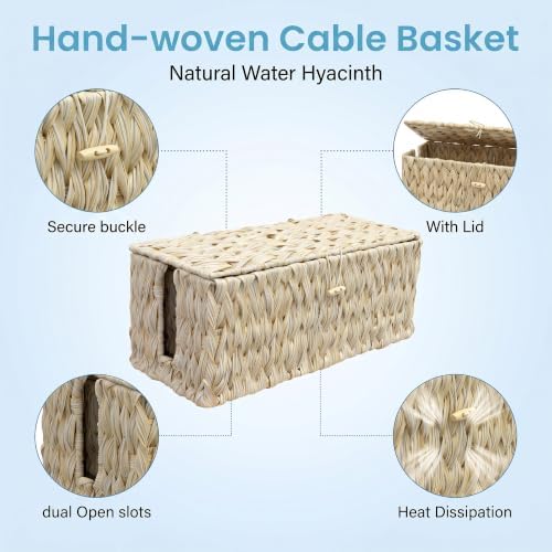 efluky 2 Pack Plastic Floor Cord Covers with Lid, Hand-Woven Cable Management Box, 2 Open Slots Cord Box to to Hide USB 