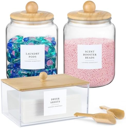 Glass Jars and Dryer Sheet Holder with Bamboo Lids, Dispenser Set and Labels, Containers for Laundry Room Organization and Storage, Half Gallon Airtight jars, Acrylic Storage Box for Laundry supplies