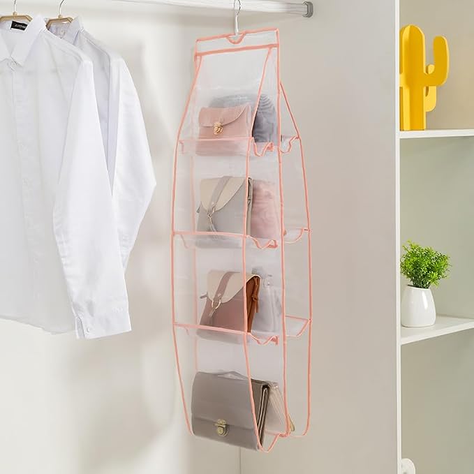 AARAINBOW 1 Pack Hanging Handbag Purse Organizer, 8 Pockets Purse Bag Organizer Hanging, Wardrobe Closet Space Saving Organizers, Handbag Organizer for Women Girls, 46.6L x 13.5W (A-Pink)