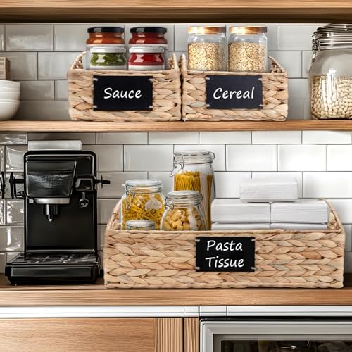 Hand-Woven Pantry Baskets for Organizing, Large Wicker Storage Baskets for Shelves with Labels, 2 Chalk Markers & Handle