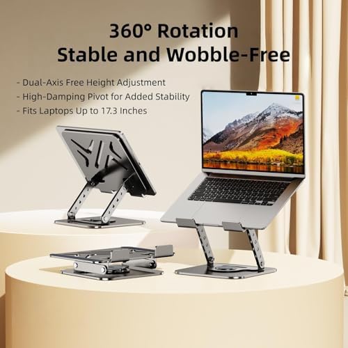 Laptop Stand for Desk, 360° Rotating Adjustable Metal Foldable Laptop Riser with Minimalist Vent Pattern, Ergonomic Comp