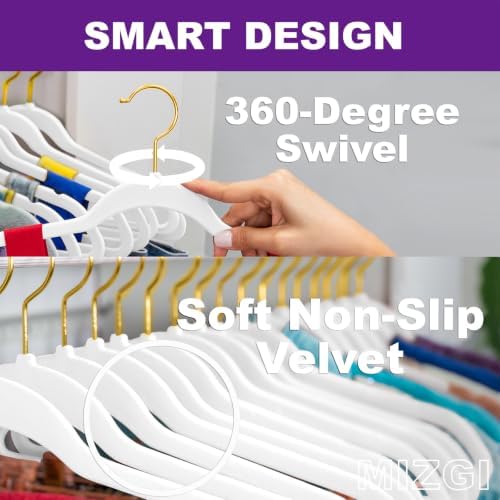 MIZGI White Velvet Hangers 40 Pack,Premium Gold Clothes Hangers Non-Slip Felt Hangers,Sturdy White Hangers Heavy Duty Coat Hangers,Durable Suit Hangers for Space Saving, No Hanger Marks