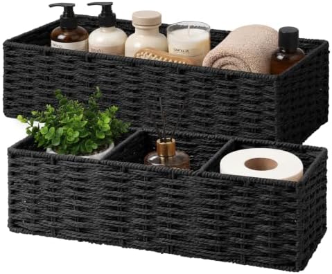 Wicker Toilet Paper Storage Basket Set of 2 for Shelves, Black