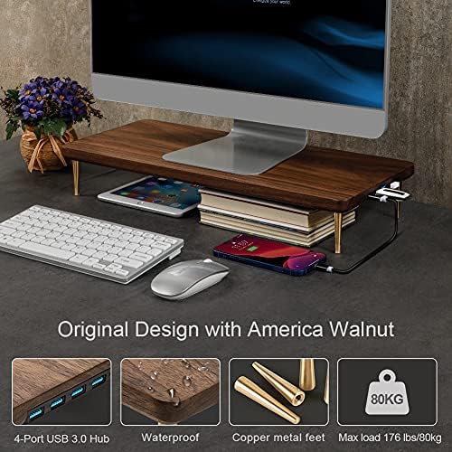 Monitor Stand with 4 USB Ports Walnut Wood Riser for iMac Laptop Computer Monitor – A Sturdy Computer Stand to Elevate Y