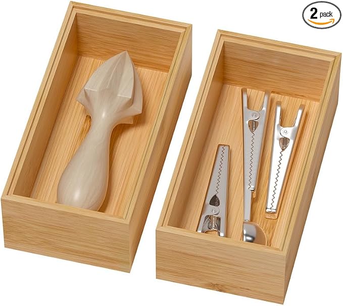 Lixple Bamboo Drawer Organizer, Small Silverware Organizer for Kitchen Drawer, Stackable Utensil Tray, 2 Pcs Flatware Organizer, Bamboo 6" x 3" x 2" (Outer), 5.3" x 2.3" x 1.77" (Inner)