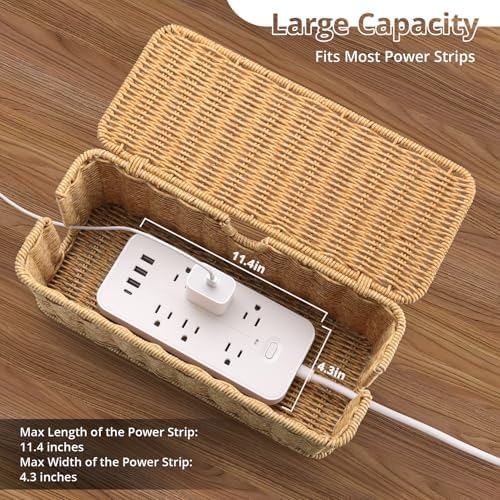 ZhiYo Rattan Cable Management Box, Brown Cord Organizer, 12.5" x 5" x 5.2"