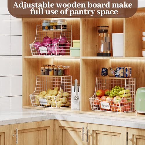 3 Pack Hanging Fruit Basket for Kitchen with Wood Lid - Onion and Potato Storage Fruit Bowl with Nameplate for Counter&W
