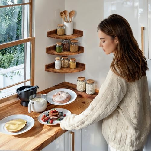 Demigo Corner Shelf Wall Mount Set of 3, Solid Acacia Wood Round Floating Corner Shelves for Storage and Display, Hangin