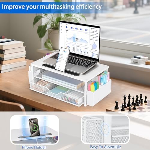 AUPSEN White Monitor Stand Riser, 2-Tier Wood Computer Desk Organizer with Drawer, Pen Storage & Phone Holder, Office De