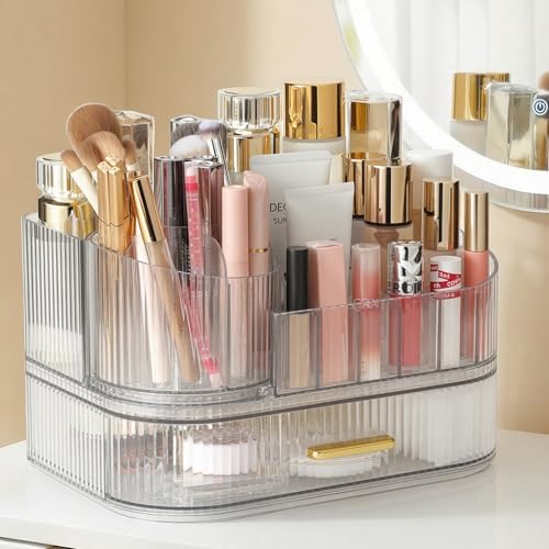 Delamu Rotating Makeup Organizer countertop, Brush Holder for Vanity, Clear