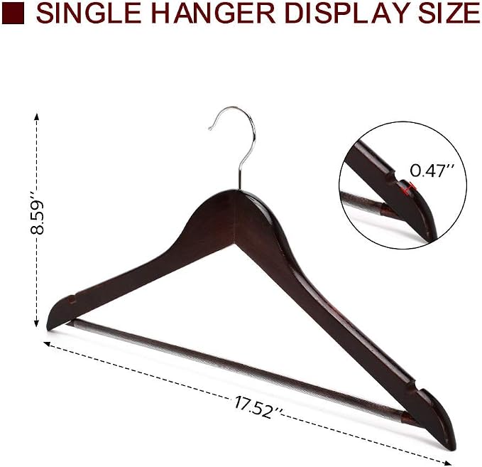 Coat Hangers, 18 Pack Solid Wooden Suit Hangers with Notched Cut Shoulder, Non-Slip Pant Bar, Extra Smooth and Splinter Free Walnut Finish
