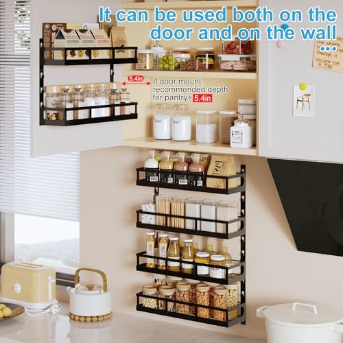 X-cosrack 6-Tier Wall-Mounted Spice Rack Organizer with Mixed Basket Sizes, Height-Adjustable Hanging Spice Shelf for Ki