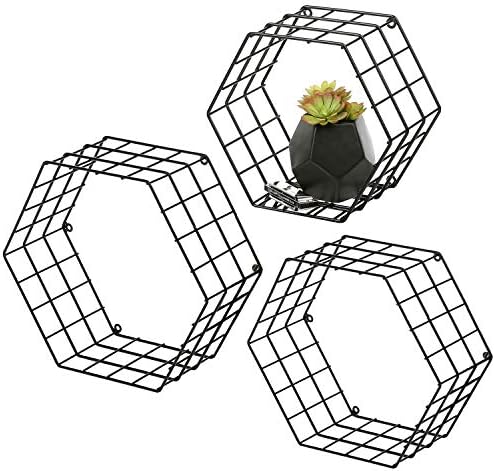 MyGift Black Metal Wall Mounted Crystal Display Shelf, Modern Wire Decorative Floating Shelves for Bedroom Living Room O
