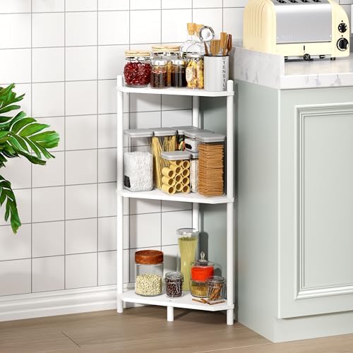 Corner Shelf Stand - 3 Tier Bamboo Small Corner Bookshelf for Office Kitchen Bedroom Plant Stand Living Room Decor Small