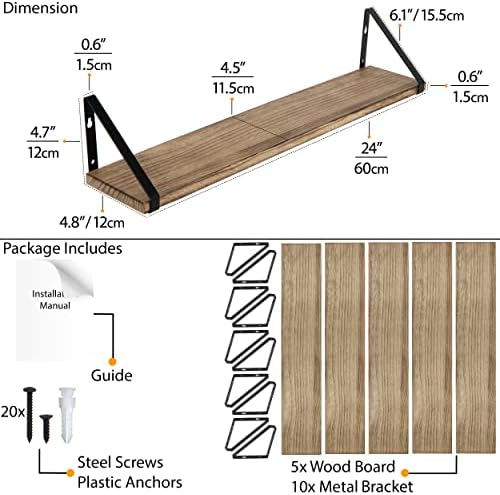 Wallniture Ponza 24" Floating Bookshelf, Wood Floating Shelves for Wall Storage, Rustic Wall Shelves for Bedroom, Living