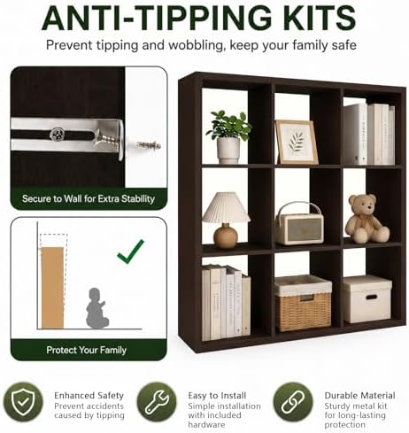 CTESNE【Wooden Thick Frame 9 Cube Storage Organizer Shelf with Anti-Tipping Kits + Reversible Open Back Bookcase, Horizon