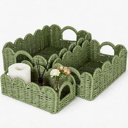 Hand Woven Paper Rope Scalloped Edge Decor Baskets for Home,Living Room, Bedroom,Storage over Above Behind Flush Tank,To