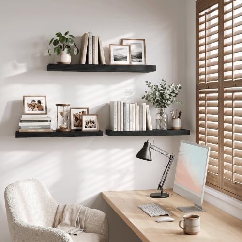 24 Inch Floating Shelves Black, 8" Deep Wall Shelf, Wall Mounted Wood Shelf