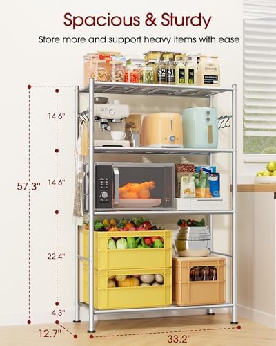 Sakugi 4-Tier Storage Shelves with 6 Hooks, 33.2" x 12.7" x 57.3", Sliver