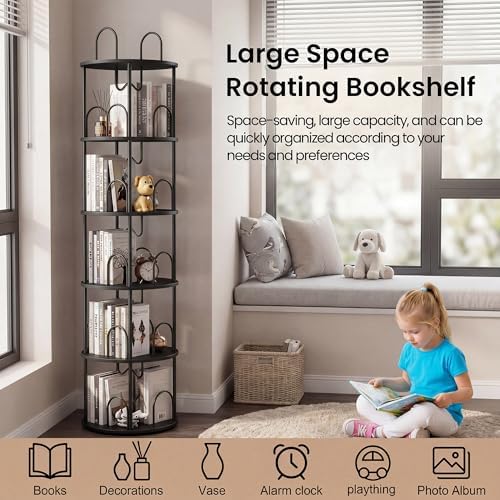 5 Tier Rotating Bookshelf, 360° Spinning Bookshelf Tower, Narrow Corner Book Shelf, Revolving Bookcase Corner Tall Book 