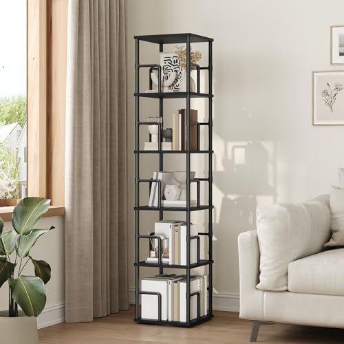 MAHANCRIS 5-Tier Rotating Bookshelf, Freestanding Corner Bookshelf, 360° Spinning Bookcase, Industrial Style Storage Rac