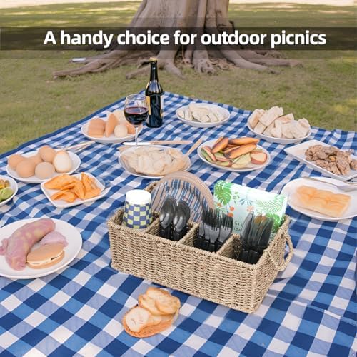 Wicker Party Silverware Caddy, Handwoven Seagrass Cutlery Utensil Holder with Handles, Kitchen Countertop and Picnic Fla