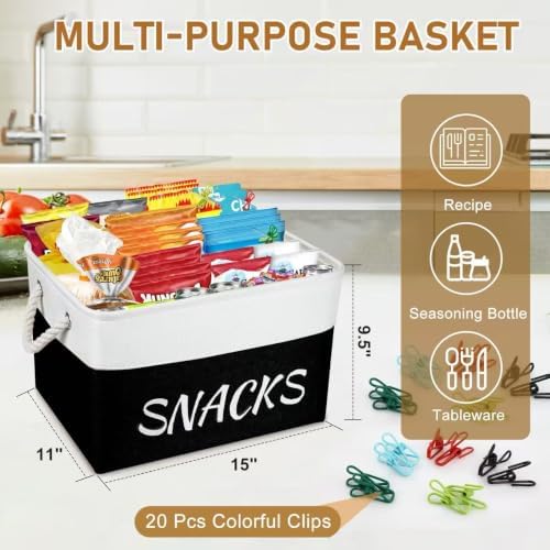 Snack Organizer for Pantry, Decorative Snack Basket with 10pcs Chip Clips, Snack Organizer for Desktop, Collapsible Snac