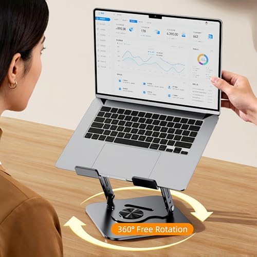 Laptop Stand for Desk, Adjustable Metal Foldable Laptop Riser with 360° Rotation & Football Vent Pattern, Ergonomic Comp
