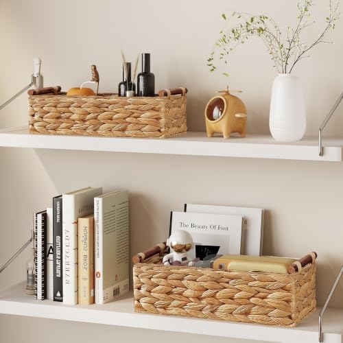 Vagusicc Wicker Storage Basket, Set of 2 Hand-Woven Water Hyacinth Wicker Basket for Organizing with Handle Decorative S