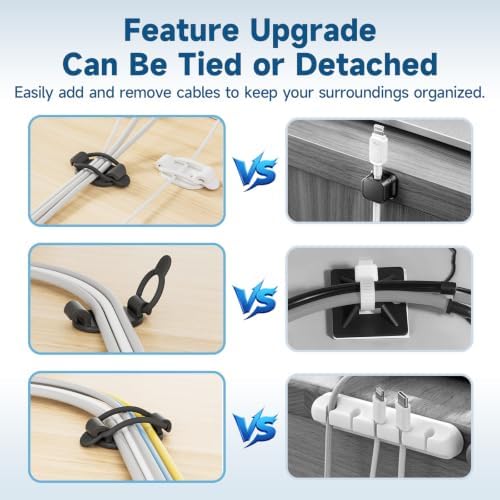 10 Sets Adjustable Cable Management Clips, Self Adhesive Cord Organizer with Elastic Loop, Reusable Cable Holder for Des