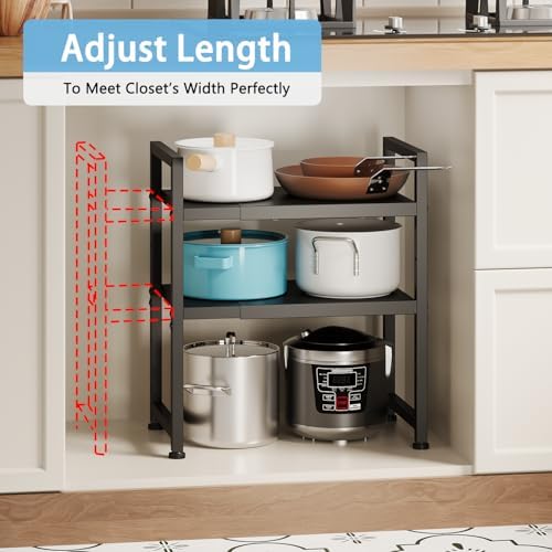 2-Tier Expandable Metal Storage Shelves,150LBS Heavy Duty Shelving Units and Storage For Small Appliance,Adjustable Pots
