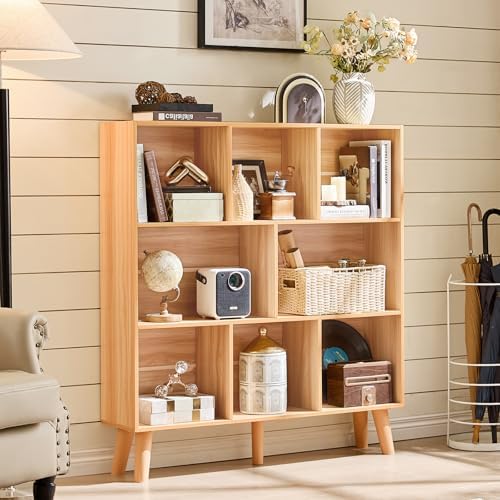 LEYAOYAO 8 Cube Bookshelf, Mid-Century Modern Book Shelf with Legs, Natural