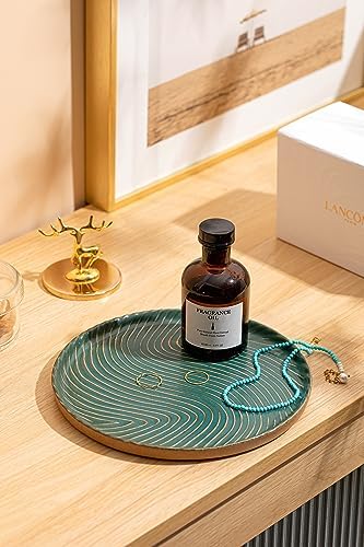 Vanity Tray with Brown Trim - Candle & Perfume Holder Organizer - Round, Green, 8"8" - Home Decor for Dresser, Table, Ba