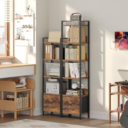 MAHANCRIS Bookshelf, 5-Tier Bookcase with Drawer, Small Book Shelf for Small Space, Storage Shelf Organizer, for Living 