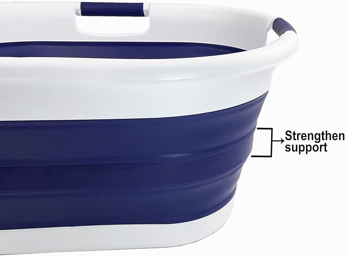 SAMMART 40L (10.5 gallon) Collapsible Plastic Laundry Basket - Foldable Pop Up Storage Container/Organizer - Portable Washing Tub - Space Saving Hamper/Basket (White/Navy Blue)