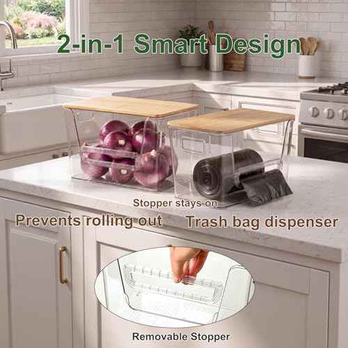 FUSHITON 2 Set Pantry Organizers, Clear Trash Bag Holder with Bamboo Lids