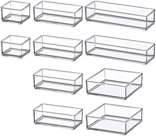 Amazing Abby - QuickSort - Plastic Stackable Organizers (10-Piece Set) for Vanity and Desk Drawer, Perfect Storage Solution for Beauty Products, Office Supplies, Decorative Items, and More