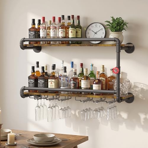 Merapi 2 Tier Floating Shelf Wine Rack with Stemware Holder
