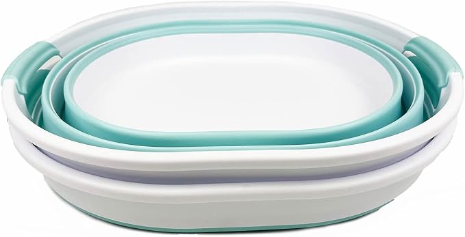 SAMMART 23L (6 Gallons) Collapsible Plastic Laundry Basket - Oval Tub/Basket - Foldable Storage Container/Organizer - Portable Washing Tub (White/Lake Green (Set of 2))