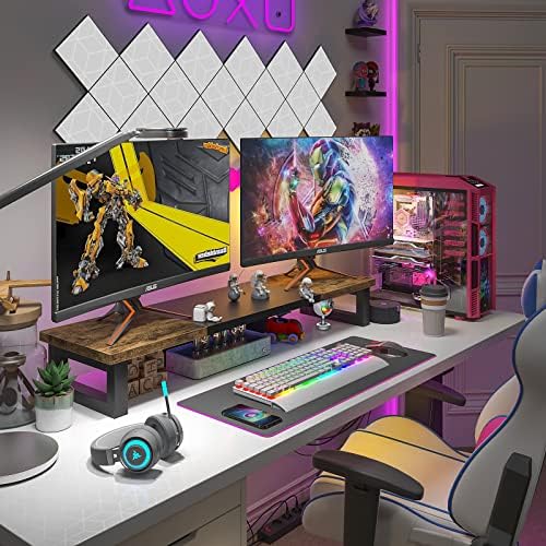 WESTREE Dual Monitor Stand Riser, Wood and Steel Multi-Purpose Desktop Storage Stand for 2 Monitors for Computer, Laptop