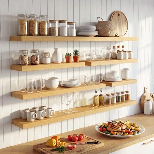 FLYJOE 20 Inch Floating Shelves for Wall Set of 2, 6.5" D Wood Grain Bathroom Shelves with Invisible Brackets, Easy Install Engineered Wood Storage Shelves for Kitchen, Living Room, Bedroom
